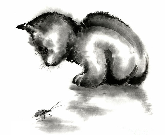 funny-cute-little-black-cat-and-beetle-japanese-sumi-e-original-ink-painting-art-print-mariusz-szmerdt